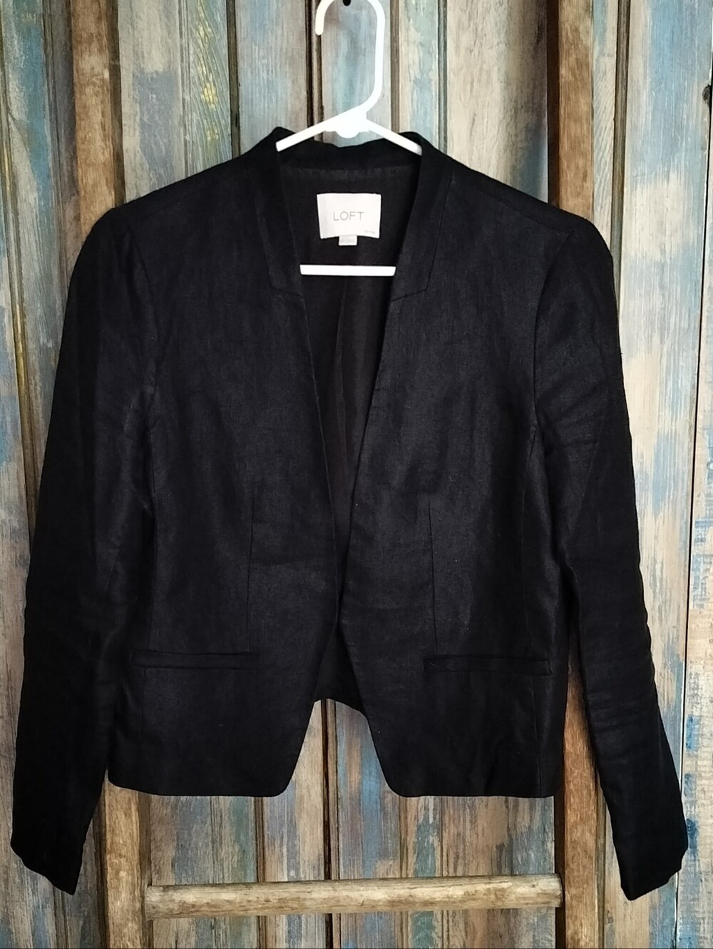 100% Linen Ann Taylor LOFT Black Cropped Jacket Blazer Open Front Size SP